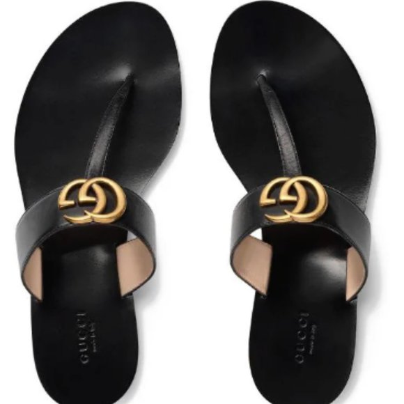 Gucci Shoes - GUCCI Double G Logo Leather Flip Flops